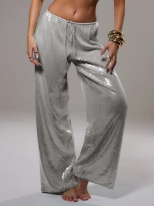 Pantalon large à paillettes argentées pour femme avec cordon de serrage style fête