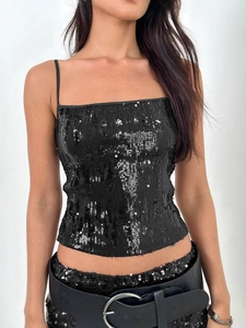 Ensemble haut et jupe à paillettes noires pour femmes avec large ceinture à boucle