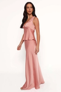 Detail of pink satin two-piece dress set with lace splicing and slim fit silhouette