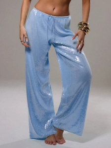 Pantalon large à paillettes bleu clair avec taille élastique à cordon confortable