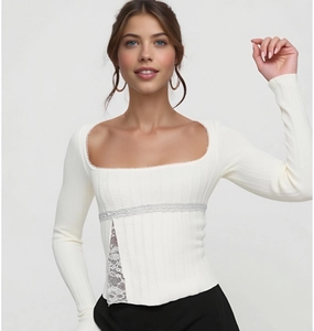 Detail of white long sleeve top featuring square neckline and delicate lace trim accents