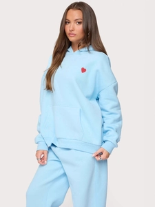 Sky blue hooded tracksuit for women with red heart embroidery and relaxed fit