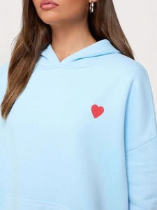 Oversized light blue hoodie with red heart embroidery and casual drop shoulder design