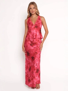 Women Sexy Two Piece Skirt Set Lace Trim Backless Satin Top and Bodycon Maxi Skirt Floral Polka Dot Print Summer Party Outfit