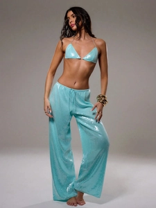 Pantalon large à paillettes turquoise étincelant avec cordon de serrage femme