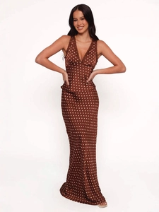 Elegant brown polka dot two-piece dress set with lace trim V-neck top and maxi skirt