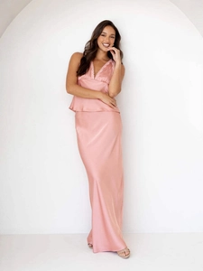 Elegant mauve pink satin two-piece dress featuring a lace-trim V-neck top and maxi skirt