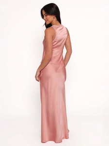 Elegant pink satin two-piece maxi dress set with cowl neck and lace trim for women