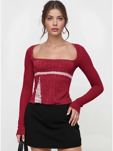 Deep red long-sleeve knit top with square neckline and pink lace patchwork detail