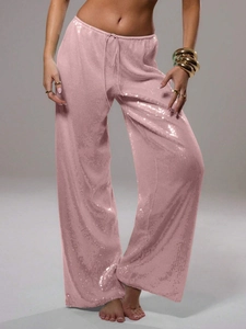 Pantalon large à paillettes roses pour femme avec cordon de serrage et effet brillant