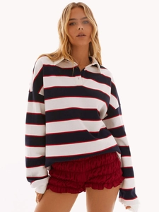 Felpa a polo a righe stile francese da donna con maniche lunghe e vestibilità comoda