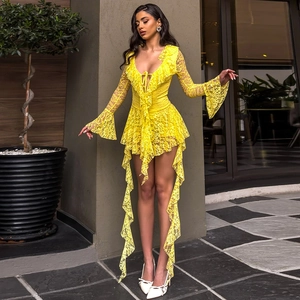 Detail of V-neck lace dress with ruffles, bell sleeves, and asymmetric hem in bright yellow