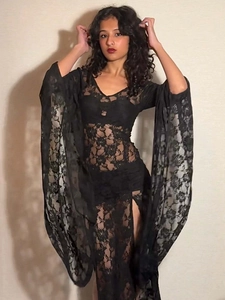 Women Sexy Lace Sheer Maxi Dress Long Flare Sleeve V Neck Side Slit Gothic Floral Clubwear Summer Beach Party Long Dress