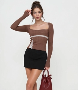 Detail of slim fit brown long sleeve tee with lace patchwork and elegant square neckline