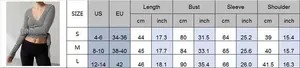 Detailed size guide table for striped long sleeve crop top with waist tie details