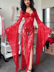Sexy red lace maxi dress featuring dramatic flare sleeves, high slits, and heart waist chain