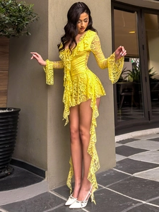 Detail of V-neck lace dress with ruffle trim and long bell sleeves in vibrant yellow