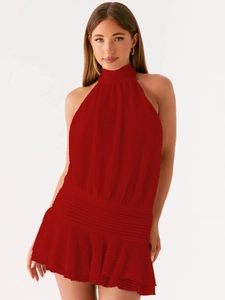 Sexy red halter neck backless knitted mini dress with intricate hollow-out floral texture