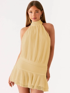 Sleeveless halter neck yellow knit mini dress with hollow crochet texture and waist pleats