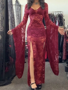 Sexy burgundy lace maxi dress with long flare sleeves and side slits for summer