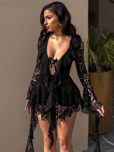Elegant black lace long sleeve dress with V-neckline and tiered ruffle details