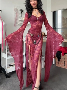 Detail of burgundy lace dress featuring oversized bell sleeves and double side slits