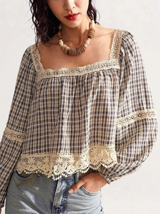 Women's plaid patchwork lace short sleeve blouse with boho crochet details and square neck