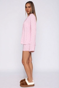 Pink heart print long sleeve pajama set with chest pocket and soft brushed fabric texture