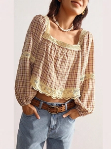Women's vintage plaid shirt with lace拼接 and square neck in bohemian style