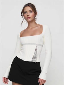 Chic off-white square neck long sleeve knit top with delicate lace trim and slit detail