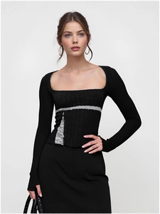 Slim fit black long sleeve tee with lace patchwork and square neckline