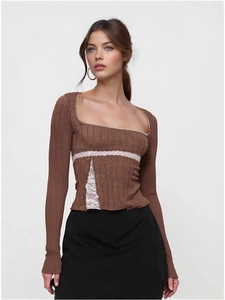 Women's brown long-sleeve knit top with square neck and white lace patchwork detailing