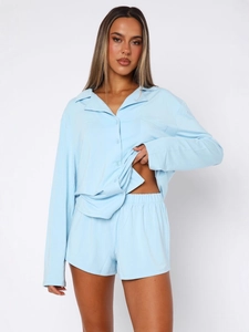 Women Top And Bottom Pajama Set Long Sleeve Button Down Shirt And Shorts Comfortable Polyester Sleepwear Casual Homewear