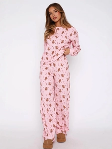 Vêtements de Détente de Noël Femmes Imprimé Bonhomme de Pain d'Épices Polyester Manches Longues Top And Bottom Rose Pyjama