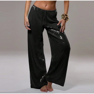 Pantalon large à paillettes noires avec taille élastique à cordon pour style de fête