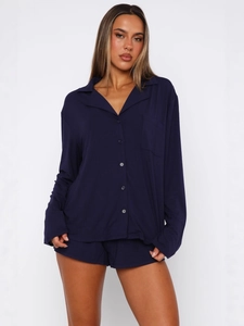 Women's dark blue long sleeve loungewear set with button-down collar and shorts