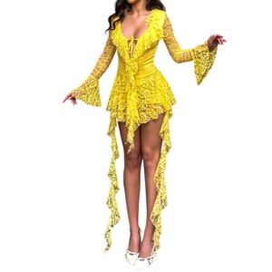 Detail of floral lace texture on yellow V-neck mini dress with elegant ruffles
