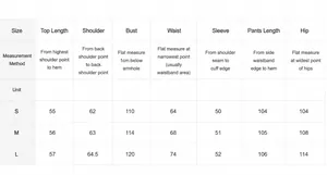 Detailed size guide table for women hooded sweatshirt and pants set in S, M and L sizes