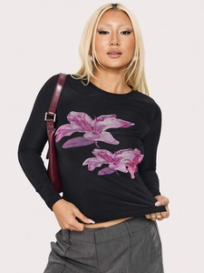 Maglietta da Donna a Maniche Lunghe con Stampa Digitale Floreale Slim Fit Girocollo Sexy Crop Top Y2K Streetwear Casual