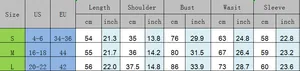 Size chart for women's long sleeve top showing US and EU measurements in cm and inches