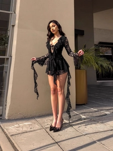 Women Sexy V Neck Lace Ruffle Mini Dress Long Flare Sleeve Hollow Out Elegant Patchwork Bodycon Party Dress