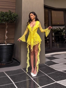 Elegant bright yellow V-neck lace mini dress with flared sleeves and tiered ruffle skirt