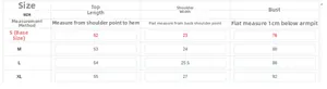 Detailed size chart for women sleeveless sequin top with bust and length measurements