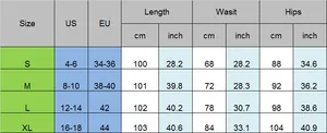 Size guide for high waist flared pants featuring measurements from S to XL in cm and inches