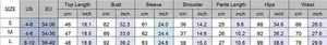Detailed size chart for women polka dot print set showing top and pants measurements