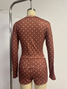 Women's 2-piece lounge set with brown polka dot long sleeve top and slim-fit shorts