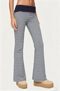 Slim fit high-waisted flared trousers with striped patchwork and contrast color design