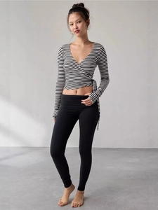 Women V Neck Wrap Top Long Sleeve Side Tie Striped Polka Dot Slim Fit Casual T-Shirt With Thumbhole Fashion Yoga Top