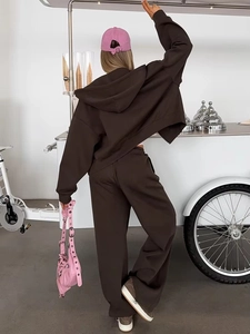 Women's deep brown heavy cotton tracksuit with hooded zip cardigan and wide leg pants