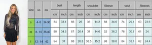 Size guide for polka dot mesh turtleneck top with US and EU measurement comparison chart